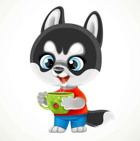 Cute cartoon husky puppy holding a cup of coffee or tea in its paws isolated on a white backgroundのイラスト素材