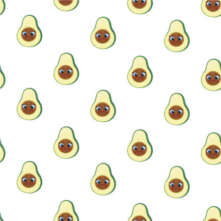 Seamless pattern from cute little cartoon emoji avocado on white background