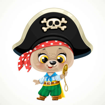 Cute cartoon baby bear dressed in pirate costume with a gold doubloon isolated on a white backgroundのイラスト素材