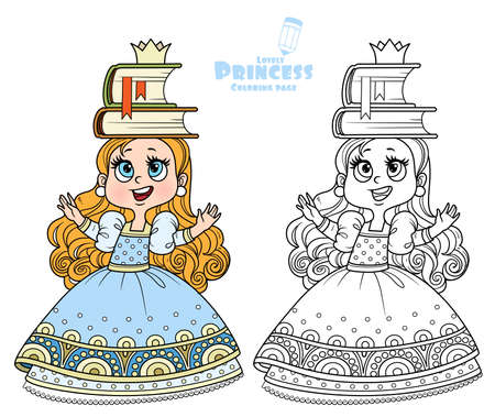 Cute princess in blue dress trains posture with books on the head outlined and color for coloring bookのイラスト素材