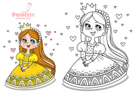 Cute princess in yellow dress surrounded by hearts outlined and color for coloring bookのイラスト素材