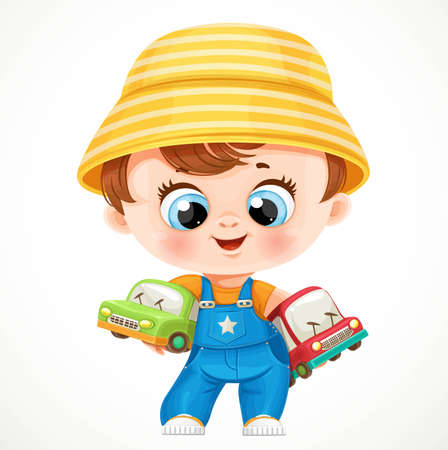 Cute cartoon baby boy with a toy cars isolated on a white backgroundのイラスト素材