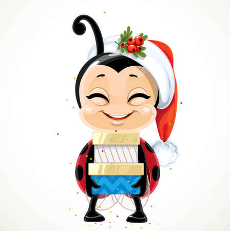 Cute happy cartoon smiling little ladybug in Santa hat holding gifts in festive packaging isolated on a white backgroundのイラスト素材