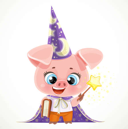 Cute cartoon baby pig in a wizard costume with textbook and magic wand isolated on a white backgroundのイラスト素材
