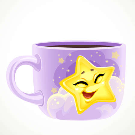 Large purple ceramic cup with cute cartoon baby star draw isolated on a white backgroundのイラスト素材