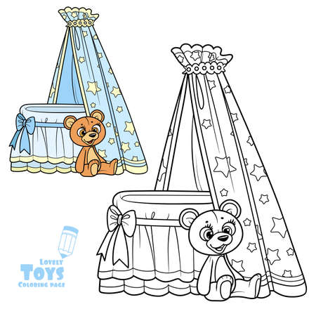 Baby canopy toy bed and teddy bear outlined and color for coloring bookのイラスト素材