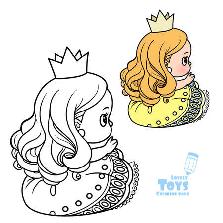 Cute cartoon toy princess doll outlined and color for coloring bookのイラスト素材