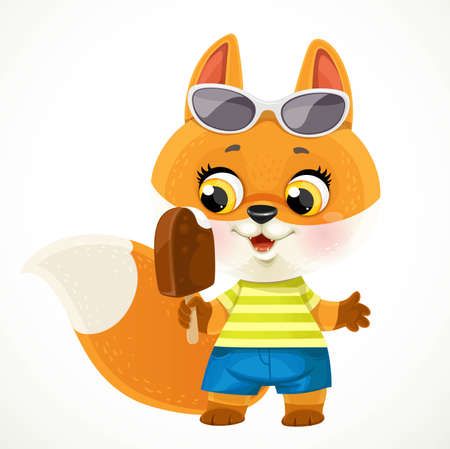 Cute cartoon baby fox in sunglasses with a icecream isolated on a white backgroundのイラスト素材