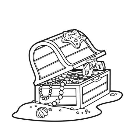 Open treasure chest at the bottom coloring book linear drawing isolated on white backgroundのイラスト素材