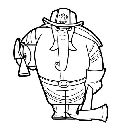 Big cartoon elephant in a fireman costume with an ax and fire extinguisher coloring book linear drawing isolated on white backgroundのイラスト素材