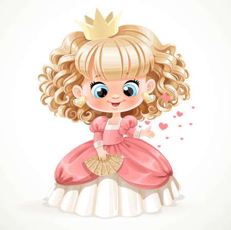 Cute baby princess with blond curly hair in pink dress isolated on a white backgroundのイラスト素材
