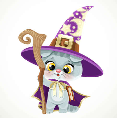 Cute cartoon baby cat in wizard's hat and cloak hold textbook and magic staff in the paws  isolated on white backgroundのイラスト素材