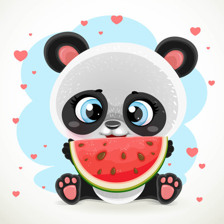 Cute cartoon baby panda sitting on the floor and eating watermelon isolated on white backgroundのイラスト素材