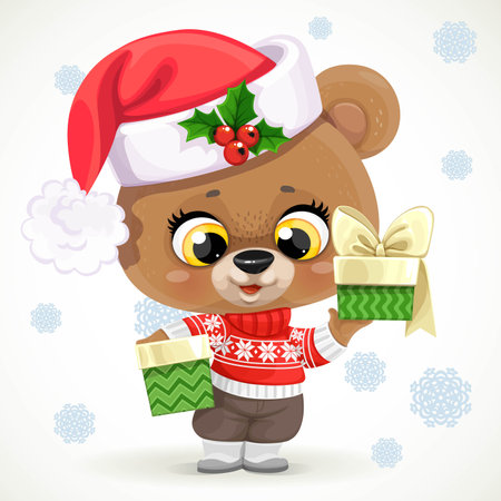 Cute cartoon teddy bear in red christmas sweater with gifts on a white background with Christmas snowflakesのイラスト素材