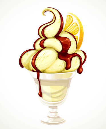 Soft lemon ice cream with lemon wedge and chocolate topping in a bowl isolated on a white backgroundのイラスト素材