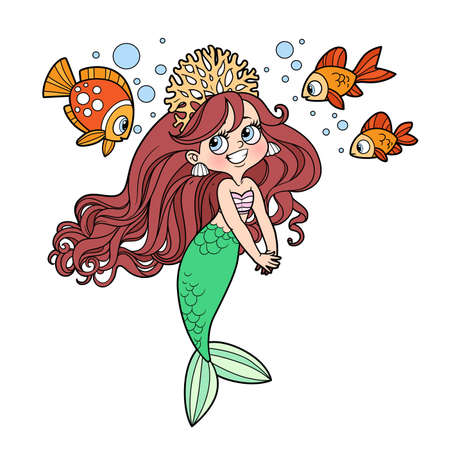 Cute coquettish mermaid girl in coral tiara speaks with fish color variation for coloring pageのイラスト素材