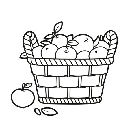 Big wicker basket with apples outlined for coloring book on white backgroundのイラスト素材