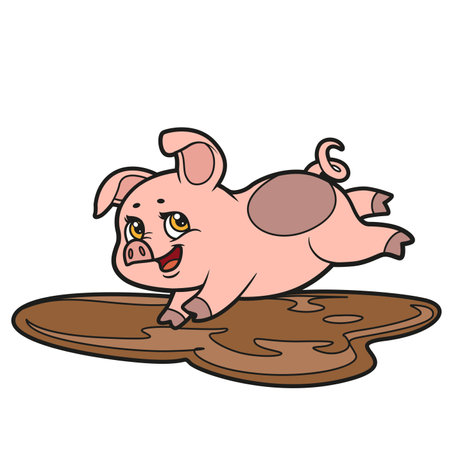 Cute cartoon pig jumping into a puddle color variation for coloring book on white backgroundのイラスト素材