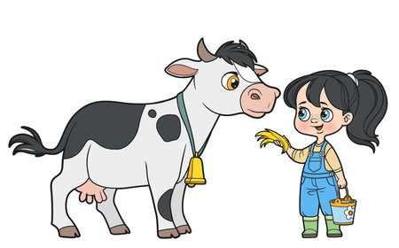 Cute cartoon girl with a bucket of milk feeds cow with hay color variation for coloring book on white backgroundのイラスト素材