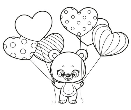 Cute cartoon teddy bear holding heart balloons outline drawing for coloring on a white backgroundのイラスト素材
