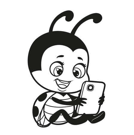 Cartoon cute ladybug with phone in hand outlined for coloring page on white backgroundのイラスト素材
