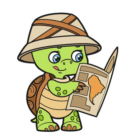 Cartoon turtle with a tourist guide in paw color variation for coloring page on white backgroundのイラスト素材