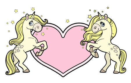 Two magical unicorns stand on their hind legs near the heart postcard color variation picture for coloring bookのイラスト素材