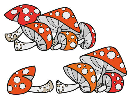 Alchemical ingredient amanita mushrooms color variation for coloring page on white backgroundのイラスト素材