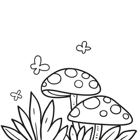 Two fly agaric mushrooms in the grass linear drawing for coloring isolated on white backgroundのイラスト素材