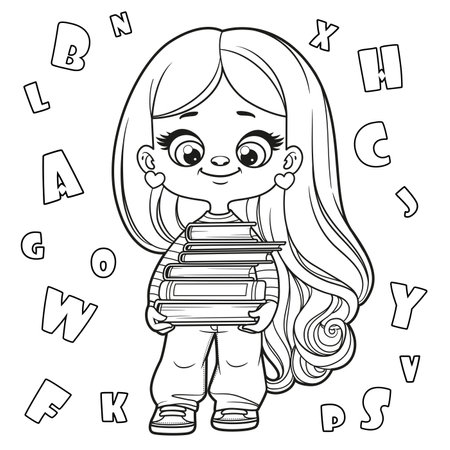 Cute cartoon longhaired girl holding the large stack of books outlined for coloring page on a white backgroundのイラスト素材