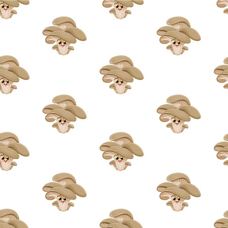 Seamless pattern from cute little cartoon emoji big oyster mushroom on a white backgroundのイラスト素材