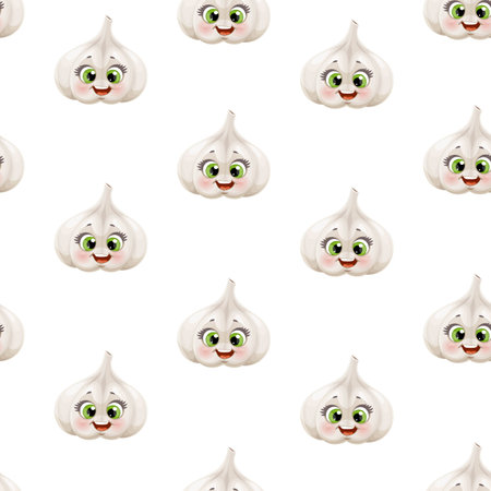 Seamless pattern from cute little cartoon emoji garlic on a white backgroundのイラスト素材
