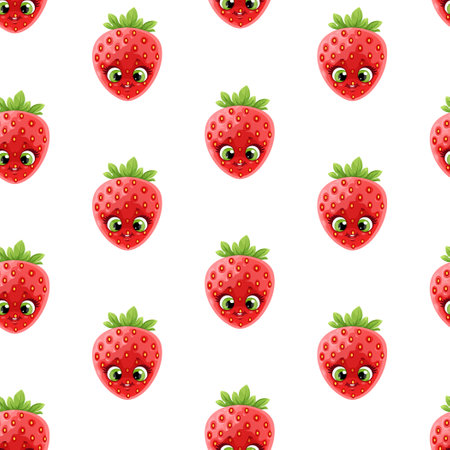 Seamless pattern from cute little cartoon emoji red ripe strawberry on white backgroundのイラスト素材