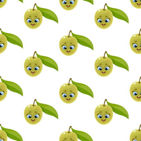 Seamless pattern from cute little cartoon emoji green olive with leaf  on white backgroundのイラスト素材
