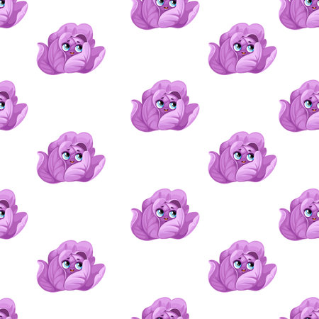Seamless pattern from cute little cartoon emoji red cabbage on a white backgroundのイラスト素材