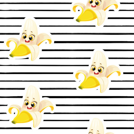 Seamless pattern from cute little cartoon emoji fruits banana on striped backgroundのイラスト素材