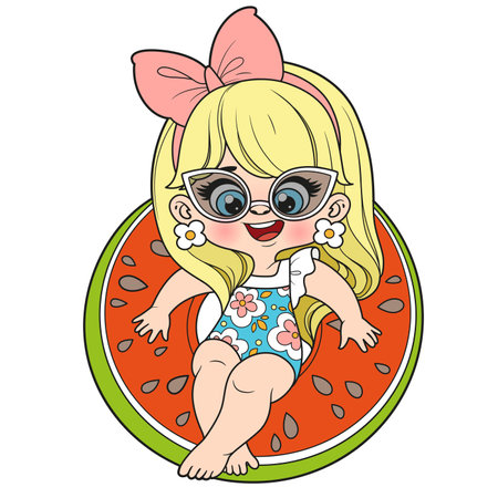 Cute cartoon girl in a swimsuit and sunglasses with an watermelon inflatable ring for swimming color variation on white backgroundのイラスト素材