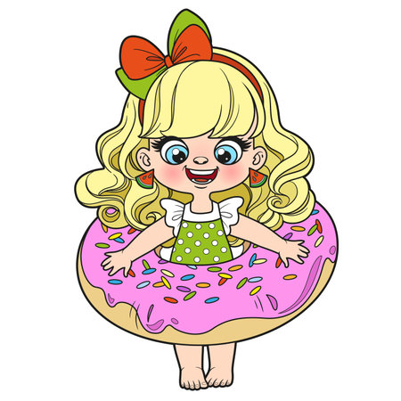 Cute cartoon girl in a swimsuit and with an donut inflatable ring for swimming color variation for coloring page on white backgroundのイラスト素材