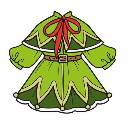 New Year's Elf green coat with red bow, belt and bellsのイラスト素材
