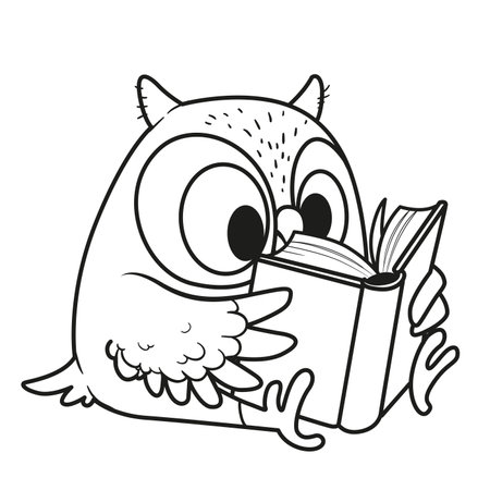 Cute cartoon little owl read a book outlined isolated on white backgroundのイラスト素材