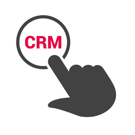 Hand presses the button with text "CRM". Vector illustrationのイラスト素材