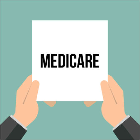 Man showing paper MEDICARE text. Vector illustrationのイラスト素材