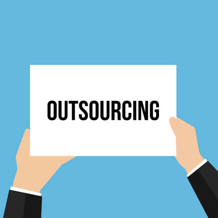 Man showing paper OUTSOURCING text. Vector Illustrationのイラスト素材