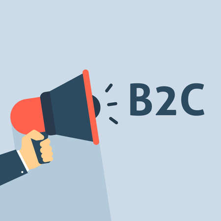 Hand Holding Megaphone With B2C Announcement. Flat Vector Illustrationのイラスト素材