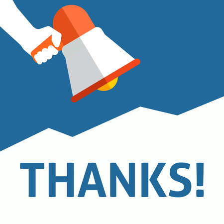 THANKS! Announcement. Hand Holding Megaphone With Speech Bubble. Flat Vector Illustrationのイラスト素材