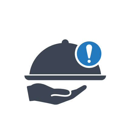 Restaurant icon, Tray on the hand concept icon with exclamation mark. Restaurant icon and alert, error, alarm, danger symbolのイラスト素材