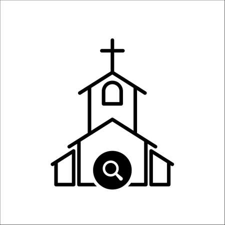Church icon, Religion building, christian, christianity temple icon with research sign. Church icon and explore, find, inspect symbol. Vectorのイラスト素材