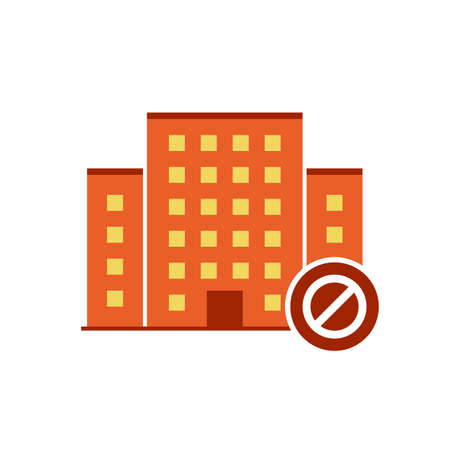 Buildings icons vector with not allowed sign. Urban estate icon and block, forbidden, prohibit symbol. Vector illustrationのイラスト素材