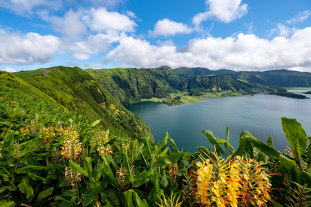 View from the Cumeeiras viewpoint to Sete Cidades Lake - Lagoa das Sete Cidades - and its twin...