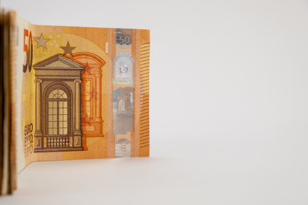 Fifty euro banknote closeup. Financial and business banner. Copy space.の写真素材